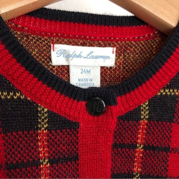 NWT Ralph Lauren Christmas sweater red tartan plaid cardigan 100% wool 24 months - Picture 3 of 11